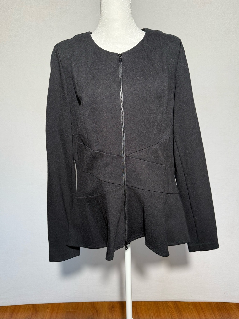 CAbi Black Unlined Blazer with two way zipper.